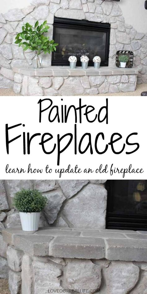 Learn how to white wash an outdated stone fireplace for a beautiful update. Painted fireplaces are an easy update. If you have 70's stone and you don't love it, this is for you! #paintedstone #fireplacemakeover #whitewash Update A Stone Fireplace, Painted Rock Fireplaces, Whitewash Stone Fireplace, Faux Stone Fireplaces, Painted Stone Fireplace, White Wash Fireplace, Fireplace Makeovers, White Wash Brick Fireplace, Stone Fireplace Makeover