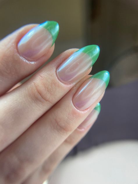 Green French Chrome Nails, Pink And Green Chrome Nails, Chrome Green French Tip Nails, Green Chrome French Tip Nails, Chrome Tips Nails, French Tips Long Nails, French Nails Green, French Tips Long, Chrome Nails French Tip