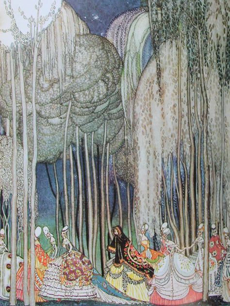 Kay (rhymes with 'high') Nielsen's illustration for Twelve Dancing Princesses Twelve Dancing Princesses, Kay Nielsen, Fairy Tale Illustrations, Edmund Dulac, 동화 삽화, 12 Dancing Princesses, Classic Fairy Tales, Fairytale Illustration, Have Inspiration