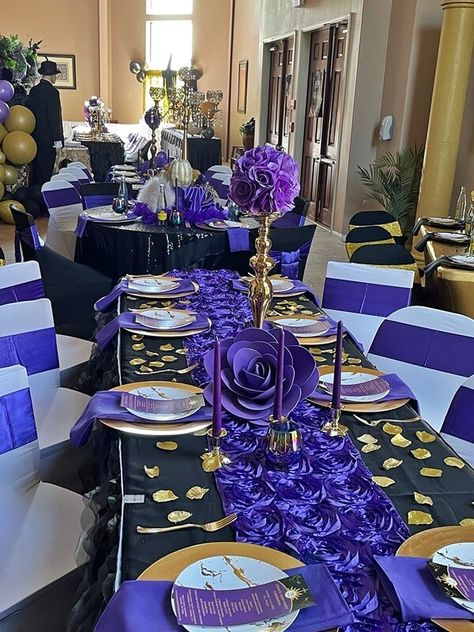 Black And Purple Table Setting, Purple And Gold Party Decorations, Purple Taper Candles, Purple Birthday Decorations, Purple Table Settings, Purple Napkins, Napkins Folding, Gold Theme Party, Black And Gold Party Decorations