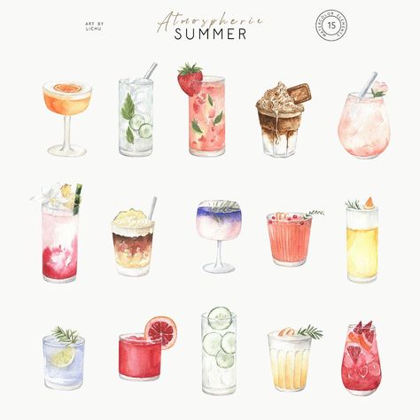 Cocktail Clipart Summer Bar Illustration Juicy png Summer Martinis, Vodka Cran, Menu Logo, Cocktails Drawing, Basil Cocktail, Cocktails Clipart, Cocktail Images, Strawberry Watercolor, Strawberry Cocktails