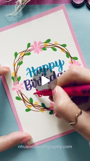 53K views · 4.1K likes | Nhuan Dao✨Calligraphy & Lettering❤️ on Instagram: "DIY Happy Birthday Card in Minutes! . . . 🌟FREE Gift For You: Do u Want to Try Your Hand at Brush Lettering and Calligraphy? Download This FREE Chapter : “How to Practice & Master 10 Basic Strokes” From the Workbook: “The 21-Day Brush Lettering”. 👉You Can Find The Link in My Bio or Visit: nhuandaocalligraphy.com . . . #HandmadeCards #Happybirthday #happybirthdaycard #cardmaking #personalizedgifts #NhuanDaoCalligraphy #Calligraphy #BrushLettering #ModernCalligraphy #HandLettering #Lettering #Handwriting #DIYBirthdayCard #Handmade #DIY #artreels #reels" Calligraphy Happy Birthday, Happy Birthday Hand Lettering, Happy Birthday Calligraphy, Happy Birthday Writing, Lettering Handwriting, Happy Birthday Cards Diy, Lettering Styles Alphabet, Happy Birthday Lettering, Calligraphy Lettering