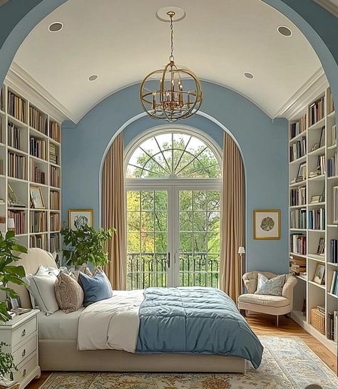 Arch Window Bedroom, Blue Gold Room, Regency Bedroom, Not In Kansas Anymore, Window Bedroom, Bathroom Tv, Arch Window, Home Renovation Ideas, Tv In Bathroom