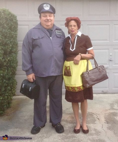 We are big fans of the Honeymooners so we decided to go as Ralph and Alice Kramden. Ralph's bus driver uniform was bought online, and Alice's costume, a housekeepers dress, vintage apron, and bought online, as was the wig which I styled to resemble her... Bus Driver Costume, Driver Uniform, Housekeeping Dress, Hocus Pocus Halloween Party, The Honeymooners, Costumes For Work, Alice Costume, Country Bumpkin, Hocus Pocus Halloween