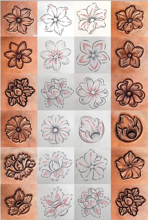 Tooled Leather Flower Pattern, Leather Tattoo Design, Leather Work Tattoo, Tooled Leather Pattern, Leather Tooling Patterns, Tooling Patterns, Leather Scraps, Wood Burning Art, Sunflower Pattern