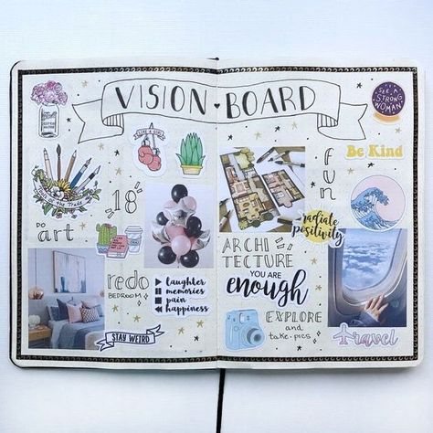 Vision Board Ideas Notebook, Vision Board Design Creative, Vision Board Ideas Journals, Doodle Vision Board, Dream Boards Ideas Layout, Vision Board In Journal, Vision Board Art Project, Art Vision Board Ideas, Planner Vision Board Ideas