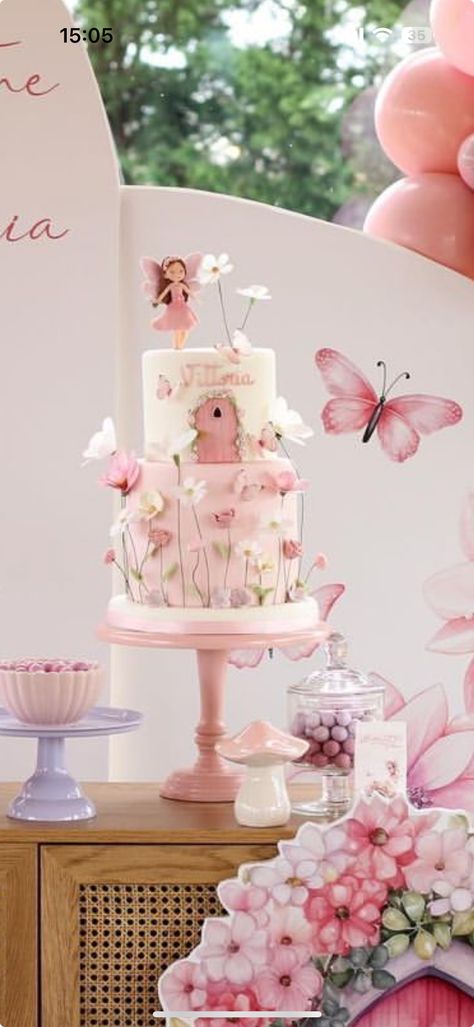 Fairy Land Birthday Decoration Ideas, Enchanted Fairy Garden Birthday Cake, Fairy And Butterfly Cake, Fairy Cake Simple, Fairy Butterfly Cake, Fairy Birthday Party Ideas Cake, Enchanted First Birthday Girl, Fairy Birthday Cake Ideas, Simple Fairy Cake