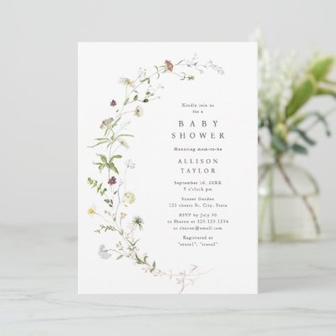 $2.98 | Elegant Wildflower Rustic Boho Baby Shower #watercolor flower botanical greenery, simple delicate wildflower bloom, summer country garden wedding, modern spring rustic boho wedding, elegant floral fall wedding, romantic vintage winter wedding, colorful wild flower blossom, neutral pastel yellow beige white, dusty rose blush pink burgundy, cheap affordable baby shower invites Country Garden Wedding, Boho Bridal Shower Invitations, Monogram Invitation, Wreath Wedding Invitations, Pastel Palettes, Wildflower Wreath, Country Garden Weddings, Rustic Boho Wedding, Boho Baby Shower Invitations