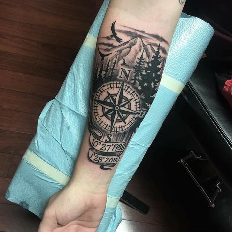 Nature Compass Tattoo Men, Mountain Sleeve Tattoo, Compass Tattoo Men, Ems Tattoos, Adventure Tattoo, Wrist Tattoo Ideas, Majestic Tree, Tree Tattoos, Type Tattoo