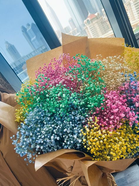 Rainbow gypsophilia bouquet Rainbow Bouquet, Boquette Flowers, Baby S Breath, Nothing But Flowers, Flower Therapy, Beautiful Bouquet Of Flowers, Wedding Pins, Bouquet Of Flowers, Bunch Of Flowers