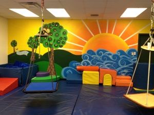 This would be easy to do in the gym for a wall painting Play Therapy Room, درج السلم, Sunday School Rooms, Daycare Design, Sensory Rooms, School Wall Art, Church Nursery, School Murals, Sensory Boards