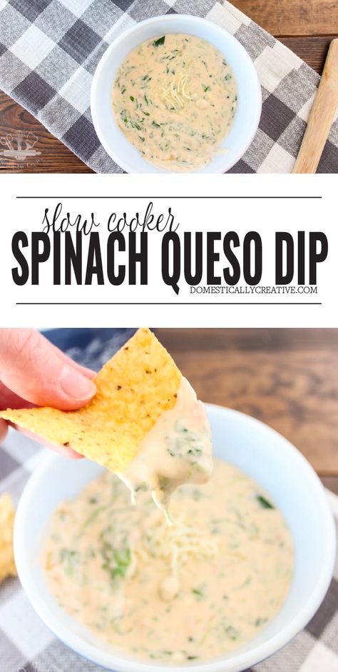 A creamy and slightly spicy spinach queso dip prepared in a slow cooker. Similar to Gringo Dip from 54th Street Grill #gringodip #espinaca #slowcookerspinachquesodip #spinachqueso #slowcookerquesodip #queso #quesodip #spinachquesodip #slowcookerqueso Spinach Queso Dip, Queso Dip Easy, Spinach Queso, Con Queso Dip, Food Slow Cooker, Spicy Spinach, Crock Pot Dips, Queso Dip, Recipes Appetizers And Snacks