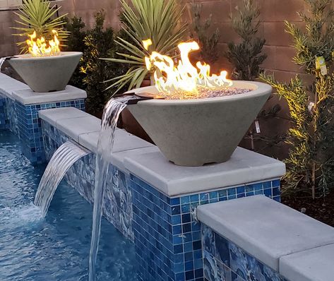 Pool Water Features, Fire And Water, Pool Waterfall, Fire Water, Inspire Me Home Decor, Fire Features, Gas Fire, Backyard Pool Designs, Swimming Pools Backyard