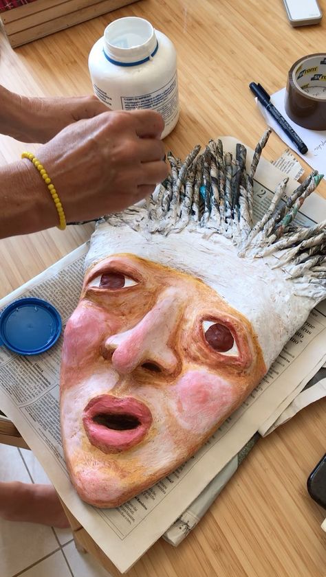 Getting creative with hair! #workinprogress #paperhair #papermacheart | Instagram Art School Project Ideas, Papier Mache Art Ideas, Mascara Papel Mache, Paper Mache Projects, Paper Mache Mask, Sculpture Lessons, Paper Mache Art, Paper Mache Sculpture, Sculpture Projects