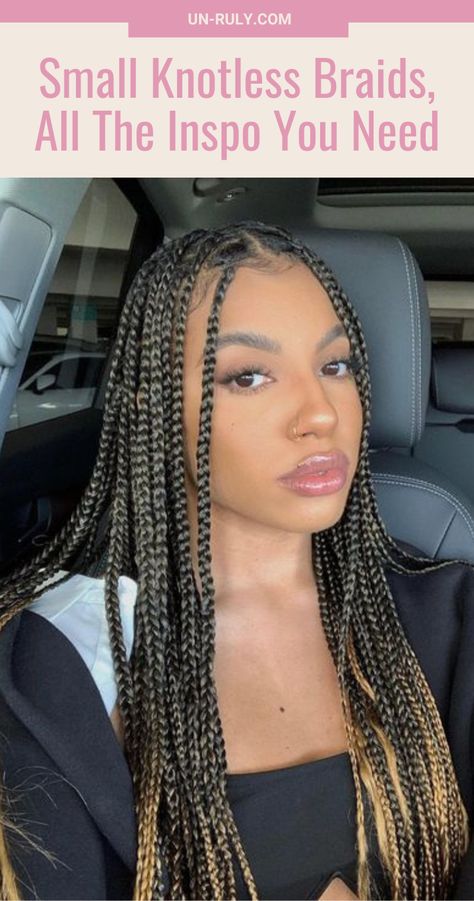 If you're convinced that small knotless braids are your next style, then this article gives you the full break-down to knotless braids. Check out our gallery of 40+ looks to inspire your next hairstyle. #SmallKnotlessBraids #KnotlessBraids #Knotless #ProtectiveStyle #BlackGirlsLit#BlackGirlsRock #BraidLovers #ProtectiveStyle #NaturalHair #NoHeatChallenge #VacayVibes 16 Inch Knotless Braids, Small To Medium Knotless Braids, Small Knot Less Braids Hairstyles, Knotless Braids Box Braids, Knotless Braids With Loose Ends, Bra Strap Length Knotless Braids, Double Knotless Braids, Small Knotless Box Braids Medium Length, Knotless Box Braids Medium Shoulder Length