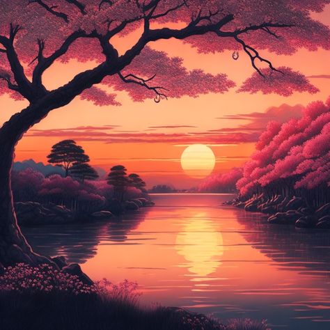 Japanese Sunset Painting, River Drawing, Sunrise Drawing, Japanese Sunset, Spring Trees, Sunset Tattoos, Cherry Blossom Background, Sakura Tree, Spring Tree