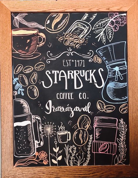 Cute Chalkboard Signs, Cafe Signs Ideas, Starbucks Boards Ideas, Pub Blackboard Ideas, Starbucks Chalk Signs, Spring Coffee Shop Signs, Coffee Chalk Art, Starbucks Summer Chalkboard Art, Spring Starbucks Chalkboard Art