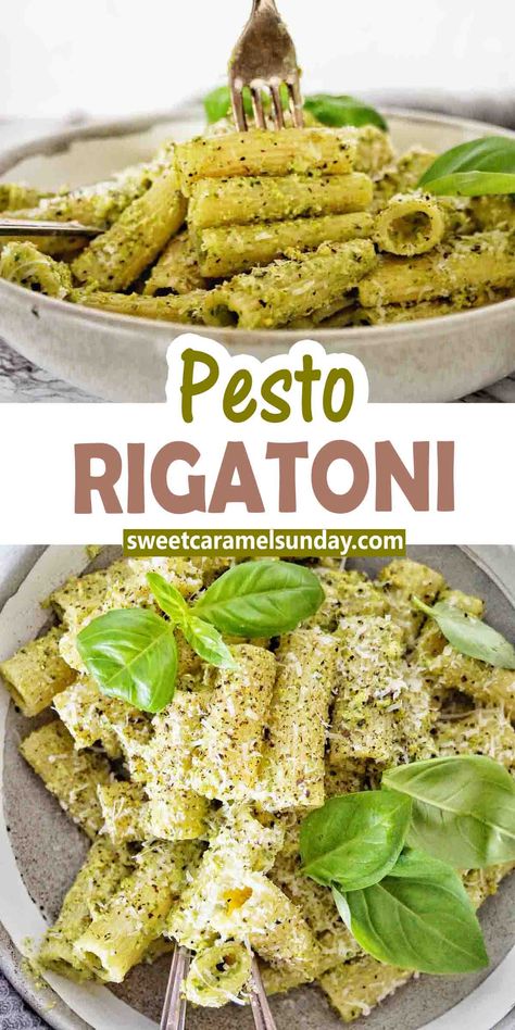 Fork being pushed into pesto rigatoni in grey bowl with basil leaves. Text is written between 2 images. Rigatoni Pesto Pasta, Pesto Rigatoni Recipes, Pesto Rigatoni, Popular Pasta Recipes, Homemade Basil Pesto, Ground Beef Pasta Recipes, Rigatoni Recipes, Creamy Pesto Pasta, Healthy Pasta Dishes