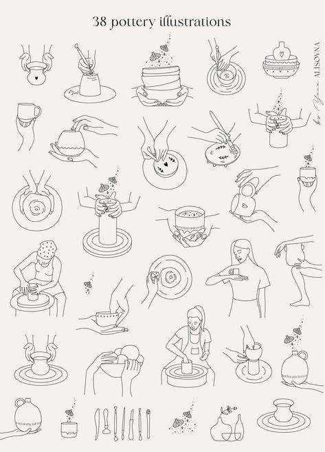 Pottery Doodle Art, Pottery Painting Illustration, Ceramic Line Art, Ceramic Poster Design, Pottery Illustration Drawings, Pottery Instagram Feed, Pottery Tattoo Ceramics, Pottery Doodle, Ceramic Illustration Design