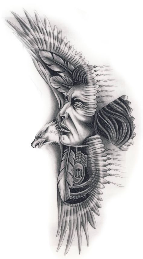 Native American Tattoos Apache, Native Feather Drawing, Native American Tattoo Designs Men, Sioux Indian Tattoo, Native Eagle Tattoo, Indian Eagle Tattoo, Native Warrior Tattoo, Native Tattoo For Men, Native Indian Tattoo Design