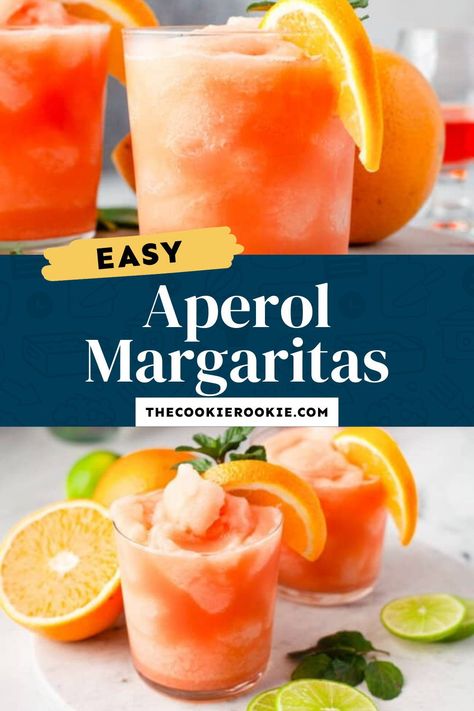 Featuring bright citrus, Aperol, and tequila, frozen Aperol Margaritas are totally refreshing. Featuring a delightful combination of orange juice, grapefruit juice, Aperol, and tequila, you’ll fall in love at first sip. Cheers to warm summer nights with this easy cocktail recipe! These fun, colorful Aperol margaritas are a zippy twist on the classic Aperol spritz. Aperol Recipes, Aperol Margarita, Frozen Drink Recipes, Frozen Cocktail, Frozen Cocktail Recipes, The Cookie Rookie, Lime Margarita, Cookie Rookie, Frozen Margaritas