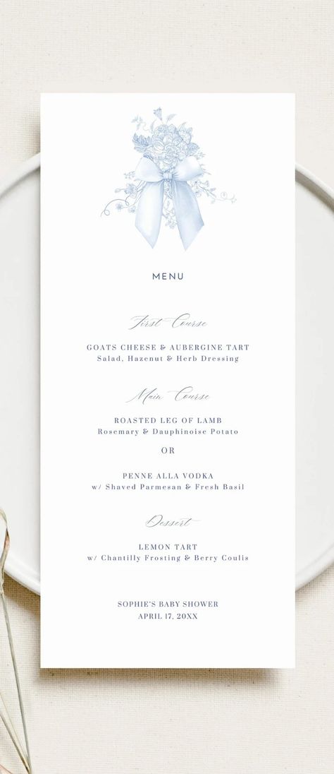 Floral Toile Menu Card Elegant Baby Shower Place Card Blue Floral Menu Template Blue Bow Bridal Shower Editable Menu Boy Baby Shower Decor - Etsy Blue Wedding Menu Cards, Blue Menu, Boy Baby Shower Decor, Bridal Shower Menu, Baby Shower Menu, Fav Products, Floral Toile, Makeup Images, Fav Food