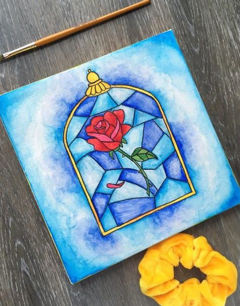 Disney Watercolour Painting, Beauty And The Beast Rose Painting, Princess Painting Canvas, Easy Trippy Painting Ideas, Painting Ideas Canvases Easy, Beauty And The Beast Painting, Rose Canvas Painting, Scissor Tattoo, Christmas Canvas Painting