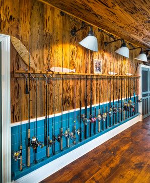 Eclectic Home Design Ideas, Pictures, Remodel and Decor Fishing Tackle Room, Fishing Man Cave, Hunting Room Ideas Man Caves, Houseboat Decor, Hunting Shack, Fishing Cabin Decor, Fishing Pole Storage, Bait Shop, Block House