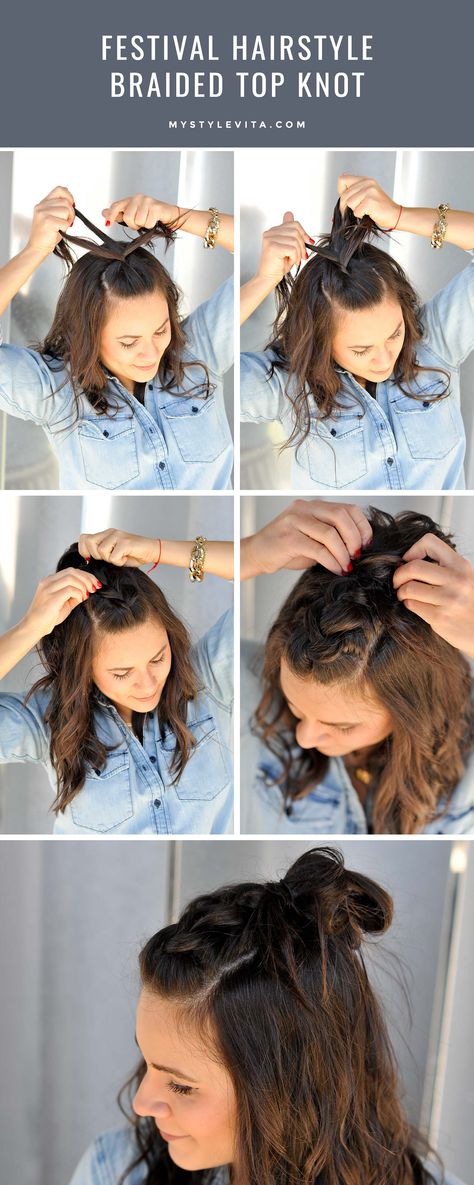 Festival hair style ideas, braided top knot, easy braided hairstyles - My Style Vita Hair Knot Tutorial, Half Top Knot, Easy Braided Hairstyles, Braided Top Knots, Top Braid, Top Knot Hairstyles, Braided Half Up, Braided Hairstyle, Cool Braid Hairstyles