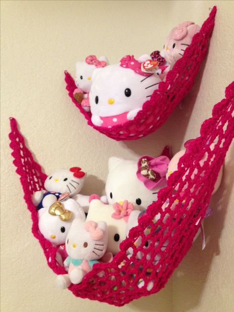 Stuffed animal hammock made by me for Alia Net To Hold Stuffed Animals, Net With Stuffed Animals, Stuffed Toy Display Ideas, Hammock Plushies, Where To Put Stuffed Animals, Plushie Holder, Stuff Animal Storage Ideas, Plushies Decor, Plushie Hammock