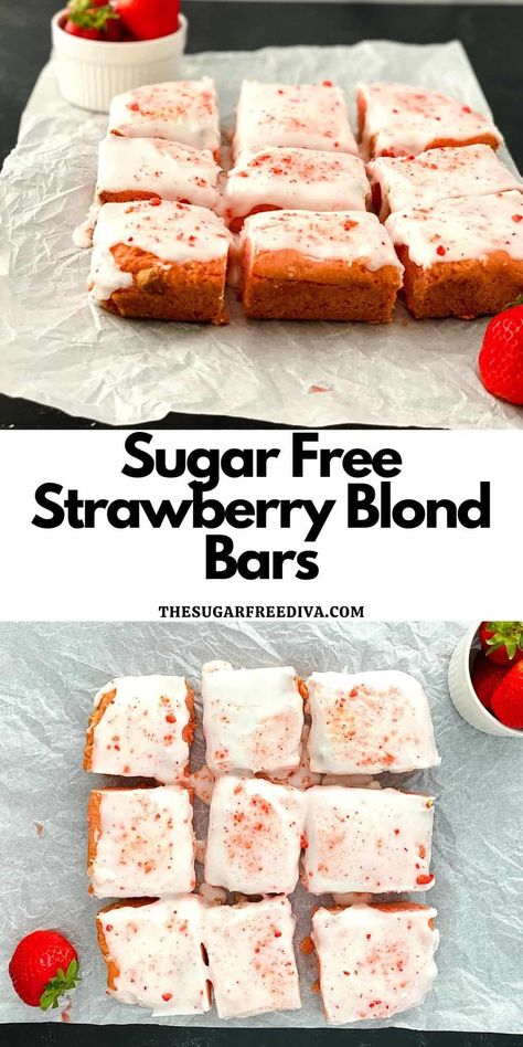 Strawberry Blondies, Strawberry Gelatin, Sugar Free Cake Recipes, Sweets For Diabetics, Sugar Free Desserts Easy, No Sugar Desserts, Sugar Free Snacks, Low Sugar Desserts, Sugar Free Baking