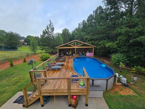 Pool Entertainment Area, Rectangle Above Ground Pool, Backyard Deck Ideas, Creative Backyard, Pool Deck Plans, Pool Shed, Dream Backyard Pool, Swimming Pool Decks, Outdoor Pool Area