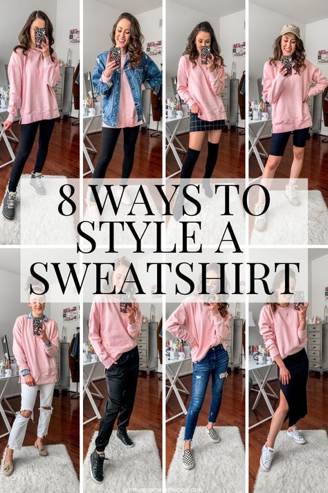 How To Style White Sweatshirt, Sweatshirt Fashion Outfits, Pink Sweatshirt Outfit Winter, How To Dress Up A Sweatshirt And Leggings, How To Dress Up A Crewneck Sweatshirt, How To Style Sweatshirts Women, Sweatshirts Styling, Style Sweatshirts Women, Styling Oversized Crewneck