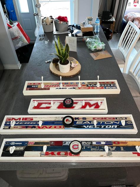 Hockey Themed Room, Hockey Stick Furniture, Hockey Stick Crafts, Locker Room Decorations, Hockey Room Decor, Hockey Diy, Hockey Crafts, Hockey Bedroom, Hockey Room