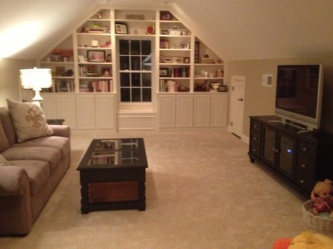 For bonus room - LOVE the built-ins and little window seat!! Attic Bonus Room, Bonus Room Design, Room Above Garage, Attic Renovation Ideas, Attic Playroom, Attic Design, Attic Bedrooms, Attic Renovation, Attic Storage