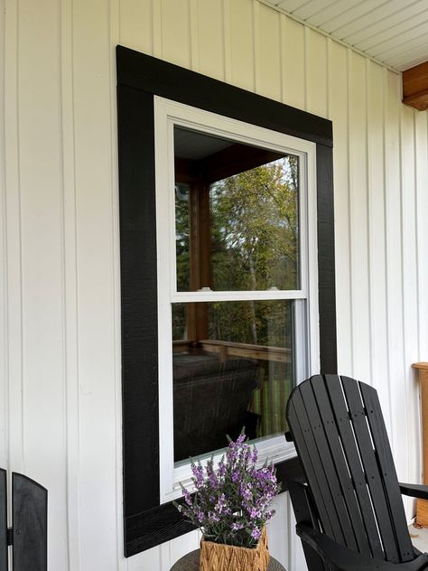 Exterior Black Window Trim, Black Exterior Windows, Black Trim Exterior House, Black Window Trim, Black Window Trims, Exterior Windows, Mobile Home Exteriors, White Siding, Window Trim Exterior