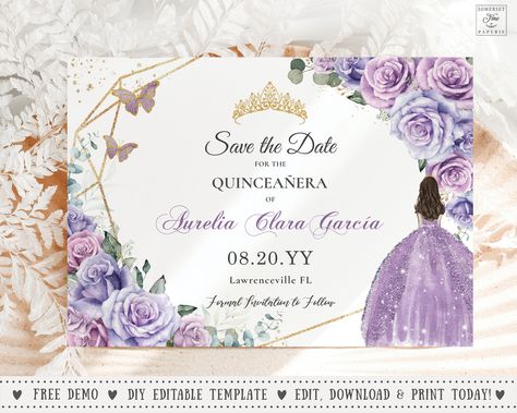 Brown Princess, Rose Gold Quinceanera, Butterfly Invitations, Lilac Lavender, Princess Tiara, Lavender Floral, Tiara Crown, Flowers Rose, Save The Date Card