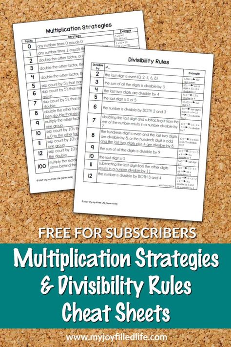 Multiplication Strategies & Divisibility Rules Cheat Sheets - My Joy-Filled Life Divisibility Rules, Free Math Printables, Homeschool Math Curriculum, Multiplication Strategies, Homeschool Freebies, Math Help, Math Printables, Math Methods, Mental Math