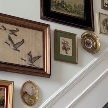 Haneen Matt on Instagram: "I’d love to fill this entire two story foyer wall with a gallery wall of treasures. This is just a small start going up the stairs😍" Gallery Wall Ideas Stairs Stairways, Simple Staircase Gallery Wall, Gallery Wall Up Stairs Staircases, Stairway Landing Decorating Ideas, Vintage Gallery Wall Staircase, Staircase Portrait Wall, Foyer Wall, Gallery Wall Staircase, European Cottage