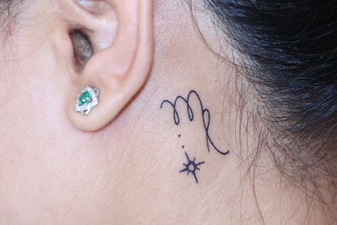 Virgo symbol tattoo Simple Virgo Tattoos For Women, Virgo Tatoos Woman, Virgo Rising Tattoo, Virgo Neck Tattoo, Virgo Tattoo Behind Ear, Star Behind The Ear Tattoo, Virgo Tattoo Minimalist, Virgo Tattoo Ideas For Women, Virgo Symbol Tattoo