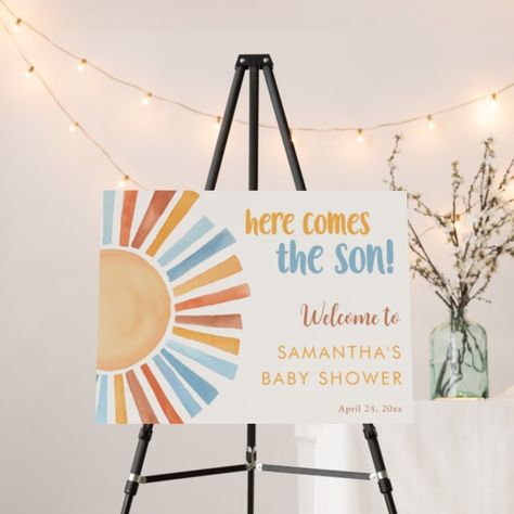 Here Comes The Sun Baby Shower Cake, Here Comes The Son Baby Shower Theme Centerpiece, Sun First Birthday Party, Around The Sun First Birthday, Sun First Birthday, Baby Shower Sheet Cakes, Boho Baby Boy, Here Comes The Son, Sun Birthday