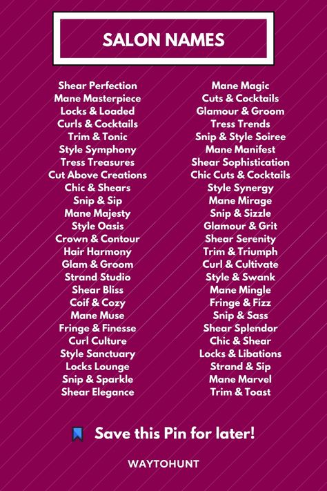 1000+ Salon Business Names You Can Use Nail Salon Business Name Ideas, Names For Salons Ideas, Names For Hair Page, Hair And Nail Salon Ideas, Hair Page Names, Hair Pages Name Ideas, Nail Salon Names Unique, Names For Hair Business, Names For Beauty Salon