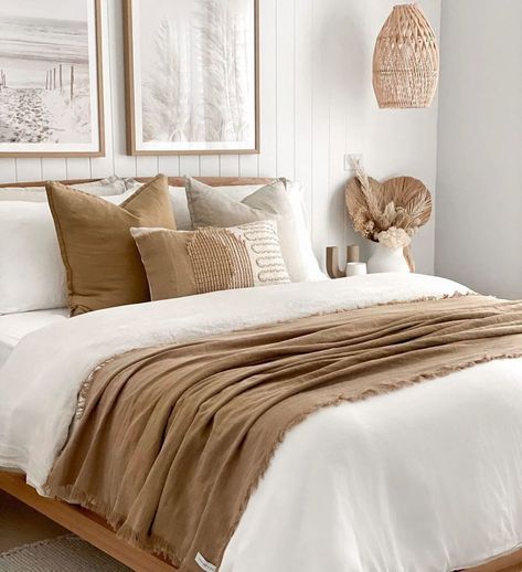 Obsessed with this gorgeous bedroom via @marys_newhome_inspo featuring our ramie throw in husk. If you could only pick one thing to keep… Cream Bedroom Decor Ideas, Bed Cushions Ideas, Natural Bedroom Decor Earth Tones, Bedroom Inspirations Master Modern, Bedroom Boho Modern, Boho Bed Room, Natural Bedroom Ideas, Coastal Theme Bedroom, Bedroom Ideas Boho