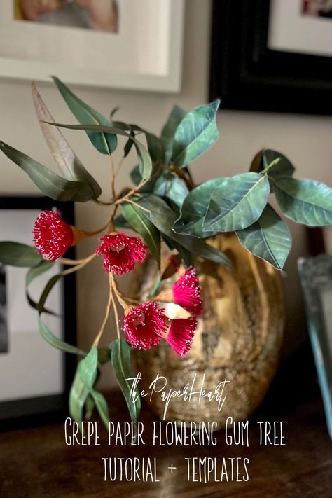 crepe paper Eucalyptus plant branch and copy paper Magnolia branches in a golden vase Poinsettia Crepe Paper Flowers, Crepe Paper Eucalyptus, Paper Eucalyptus, Realistic Crepe Paper Flowers, Flowers Crepe Paper, Orchid Crepe Paper Flower, Twisted Crepe Paper Rose, Flowering Gum, Gum Tree