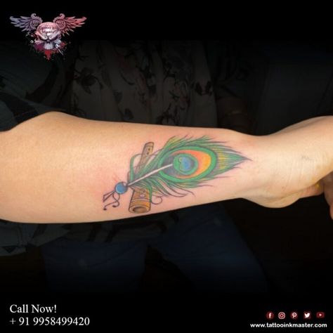 Feather Hand Tattoo, Peacock Feather With Flute, Tatto Designs, Krishna Tattoo, Skull Hand Tattoo, Peacock Feather Tattoo, Peacock Tattoo, Tattoo Maker, Feather Tattoo Design