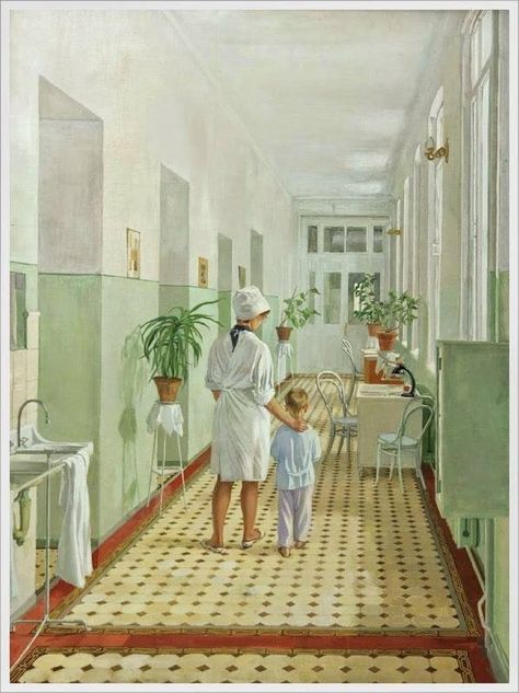 Buildings Reference, Old Hospital, Social Realism, Nurses Station, Nurse Inspiration, Socialist Realism, Soviet Art, Realism Painting, Green Hues