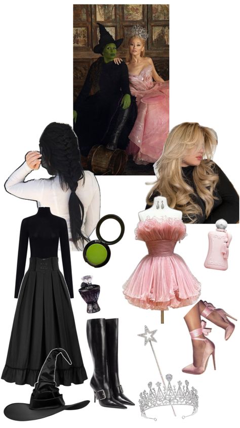 Glinda and Elphaba Costume Aesthetic Glinda And Elphaba Costume, Movie Fashion Inspiration, Elphaba Costume, 2 Person Halloween Costumes, Glinda And Elphaba, Glinda Costume, Costume Duo, Costume Aesthetic, Halloween Duos