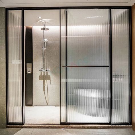 Glass Wall Bathroom Bedroom Master Bath, Fluted Glass Partition Bathroom, Fluted Glass Partition Sliding Doors, Fluted Glass Bathroom Partition, Sliding Glass Door Bathroom, Fluted Glass Partition, Glass Door Office, Fluted Glass Door, Barn Bedroom