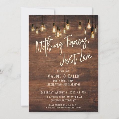 Brown Wall Edison Lights Nothing Fancy Just Love Invitation  Zazzle Nothing Fancy Just Love Invitation, After Party Invitation, Edison Lights, Happily Ever After Party, Ever After Party, Nothing Fancy Just Love, Backyard Wedding Decorations, Rsvp Online, Wedding After Party