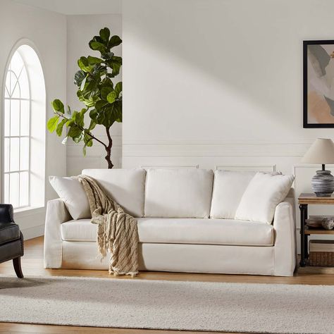 Riccardo 85" Modern Slipcovered Sofa with Square Flange Arm by HULALA HOME - On Sale - Bed Bath & Beyond - 39283939 Transitional Sofa, Slipcover Sofa, Sofa Brown, Sofa Review, Premium Sofa, Brown Sofa, White Sofas, Large Sofa, Living Room Furniture Sofas